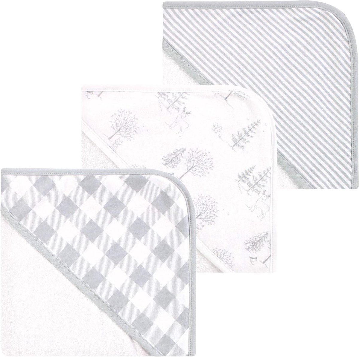 Babyhanddoek met capuchon - Badjas baby - Na het baden - 100% biologisch katoen - 3 stuks - Grijs bosmotief