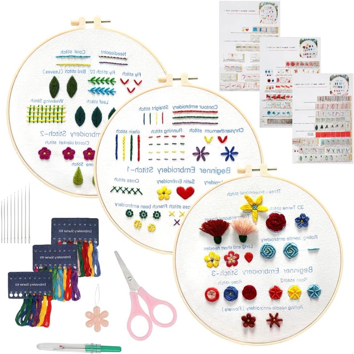 Complete Set van 3 Borduur Kits met Diverse Patronen en Instructies voor Beginners, Ideaal voor DIY Borduurwerk, Naaldwerk en Creatieve Projecten
