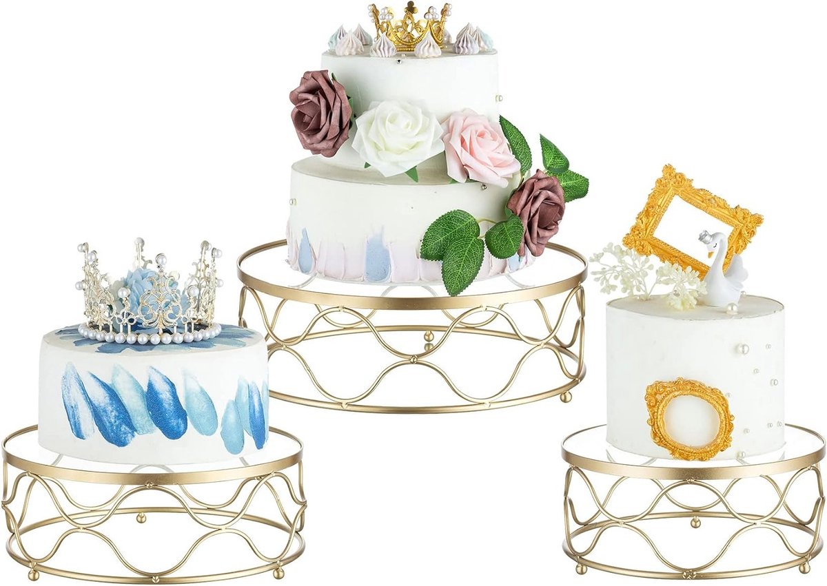 Elegante Gouden Taartstandaard Set van 3 - Rond voor Cupcakes, Desserts en Feestelijke Decoratie voor Bruiloften, Verjaardagen en Babyshowers
