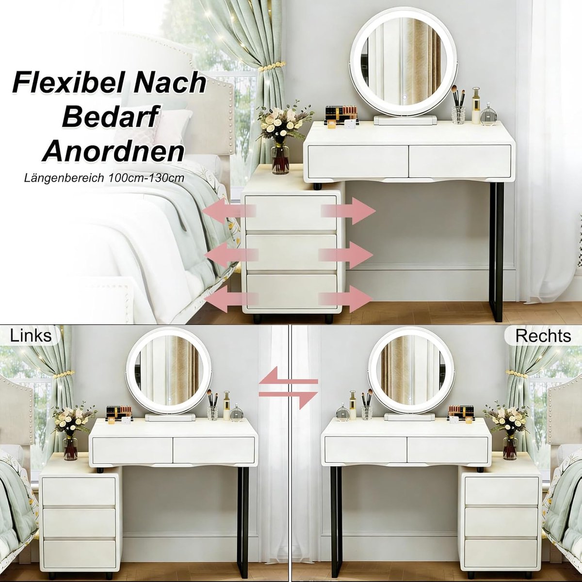 Make-uptafel met ronde 360° spiegel en 5 laden – ABTkantoor Luxe Vanity Tafel 100 cm wit – verstelbare zijkast, marmerlook blad, moderne kaptafel slaapkamer meisjes