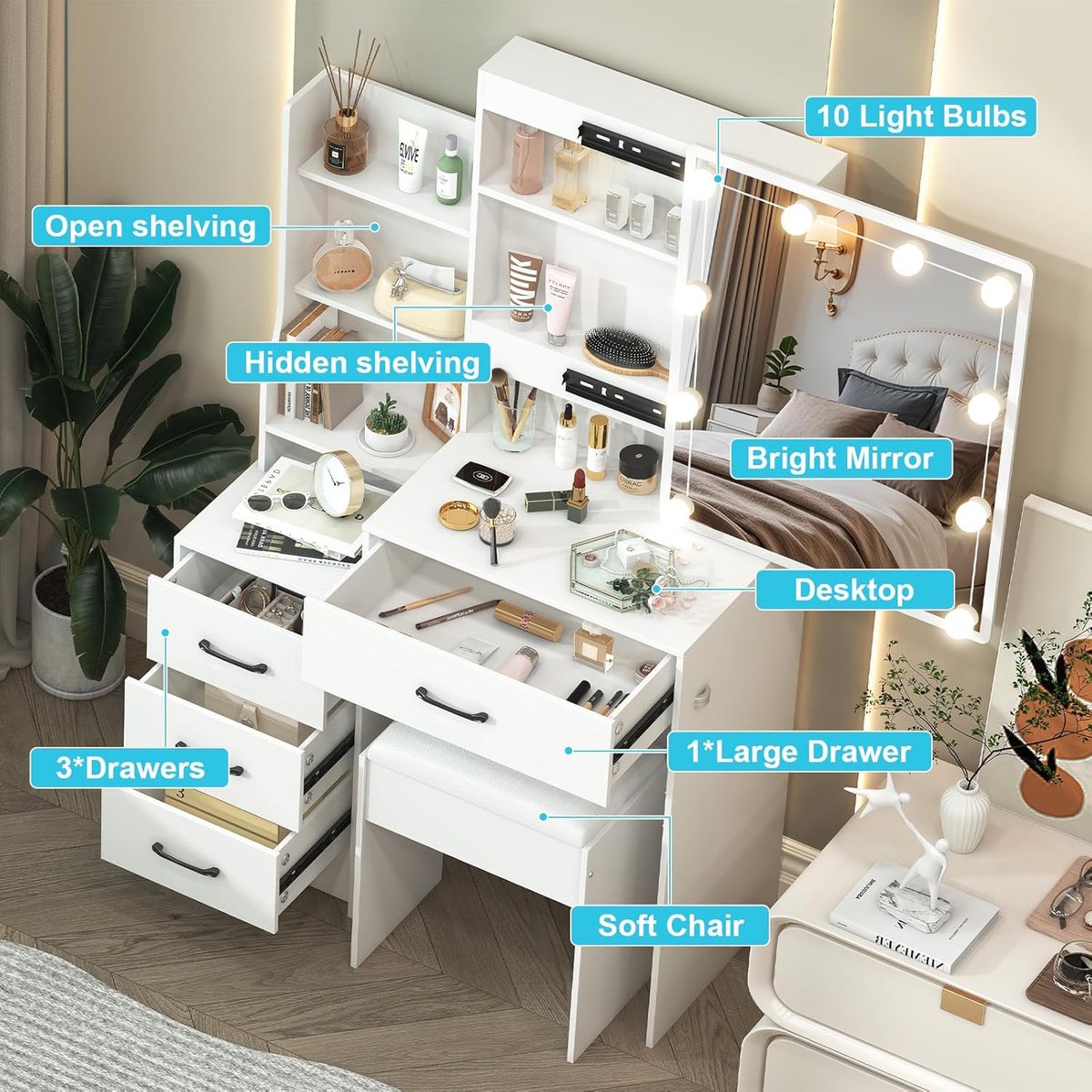 Make-uptafel met LED-verlichting en Spiegel – Schminktisch Hollywood Stijl met 10 Dimbare Lampen, 3 Lichtkleuren, 5 Lades, Open Opbergvakken en Schuifrails – 130x80x36 cm – Modern Kaptafel Dressing Table – abtkantoor (Kleur 03)