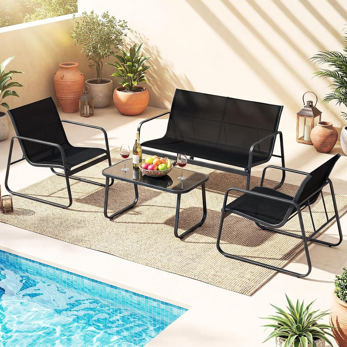 Balkonmeubelset 4-delig met Kussens – Bistroset met 2 Stoelen, Armleuningen en Tafel met Gehard Glas, Compacte Tuinset voor Balkon/Terras, Weerbestendig Metaal – Grijs/Zwart – Urbanhome