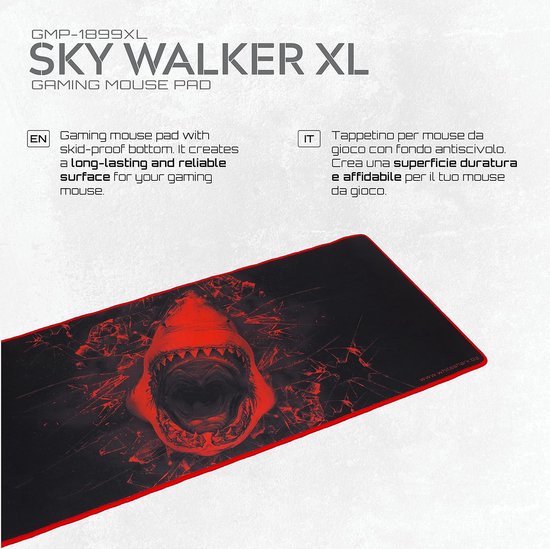White Shark, Skywalker XL, gaming-muismat, gemaakt van rubber voor mobiele telefoon met anti-slip systeem, rood haai-design op zwarte ondergrond, afmetingen 800 x 350 mm van White Shark — afbeelding 4