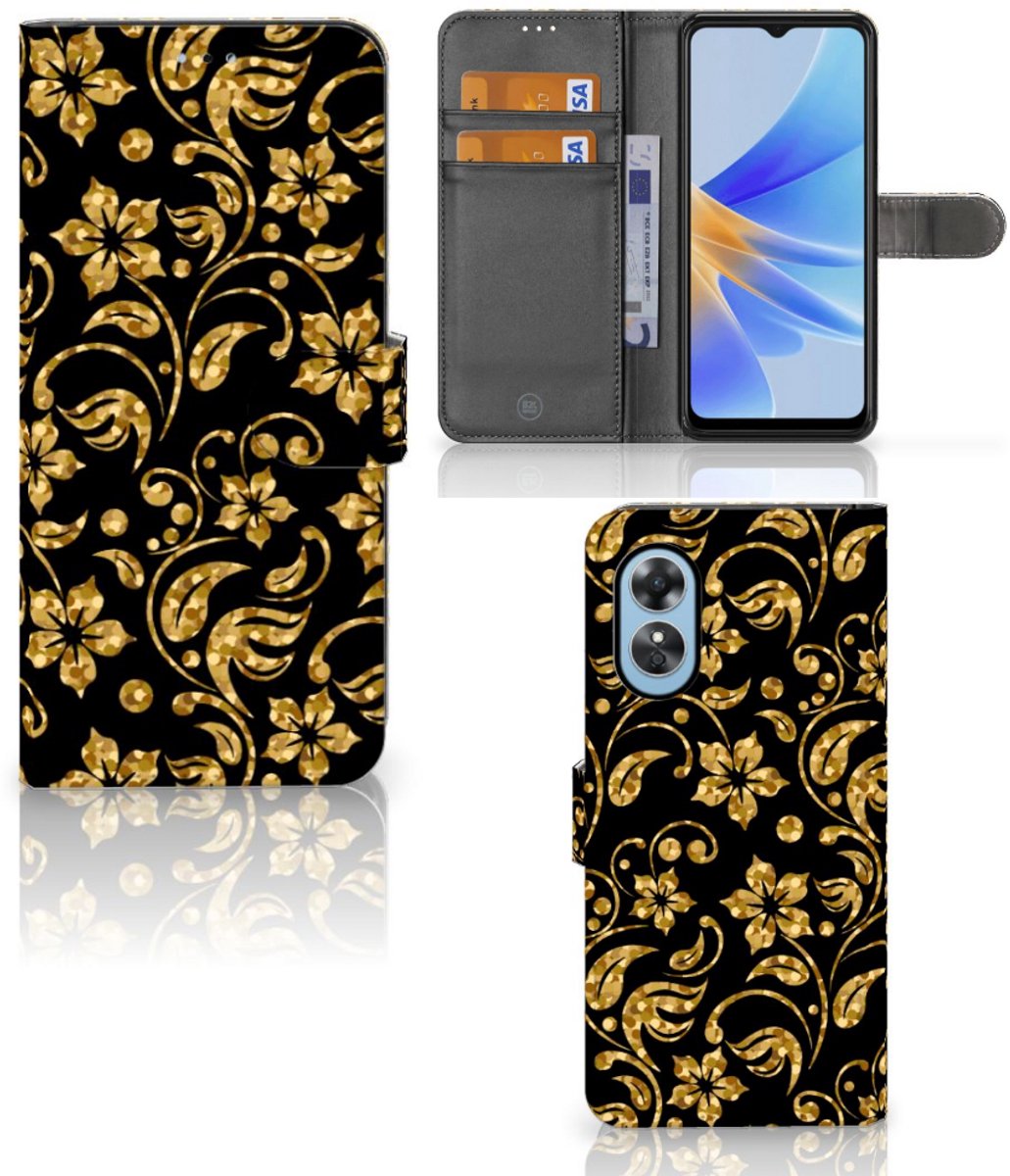OPPO A17 Hoesje Gouden Bloemen