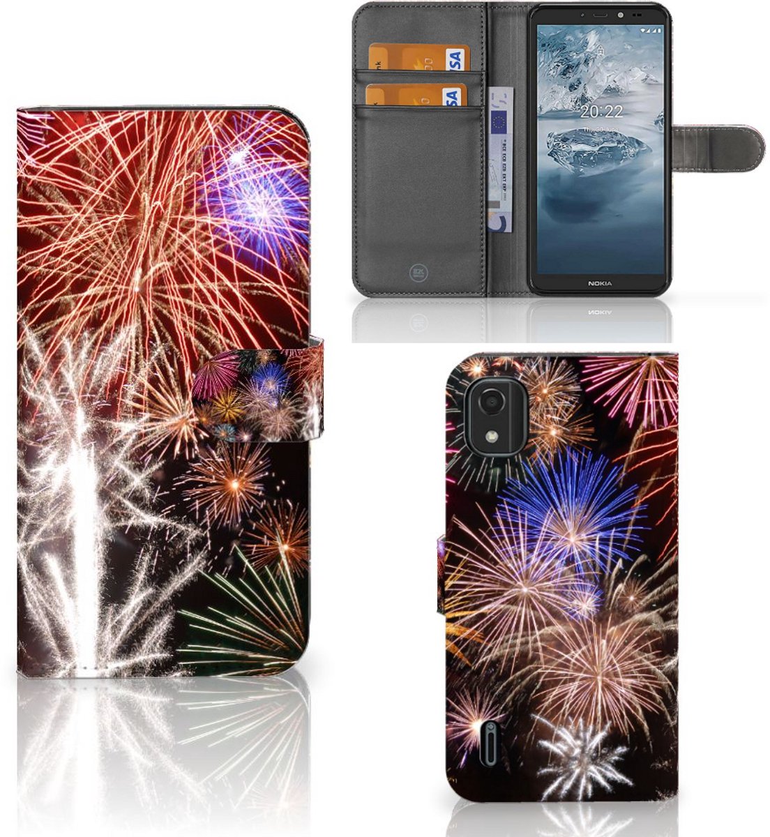 Nokia C2 2nd Edition Wallet Case met Pasjes Vuurwerk