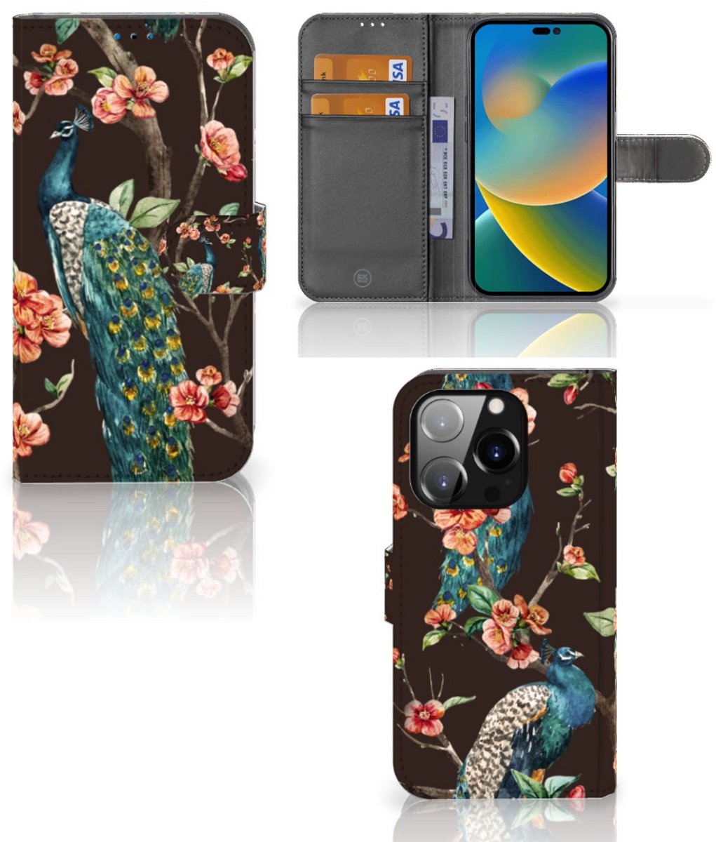 iPhone 14 Pro Telefoonhoesje met Pasjes Pauw met Bloemen