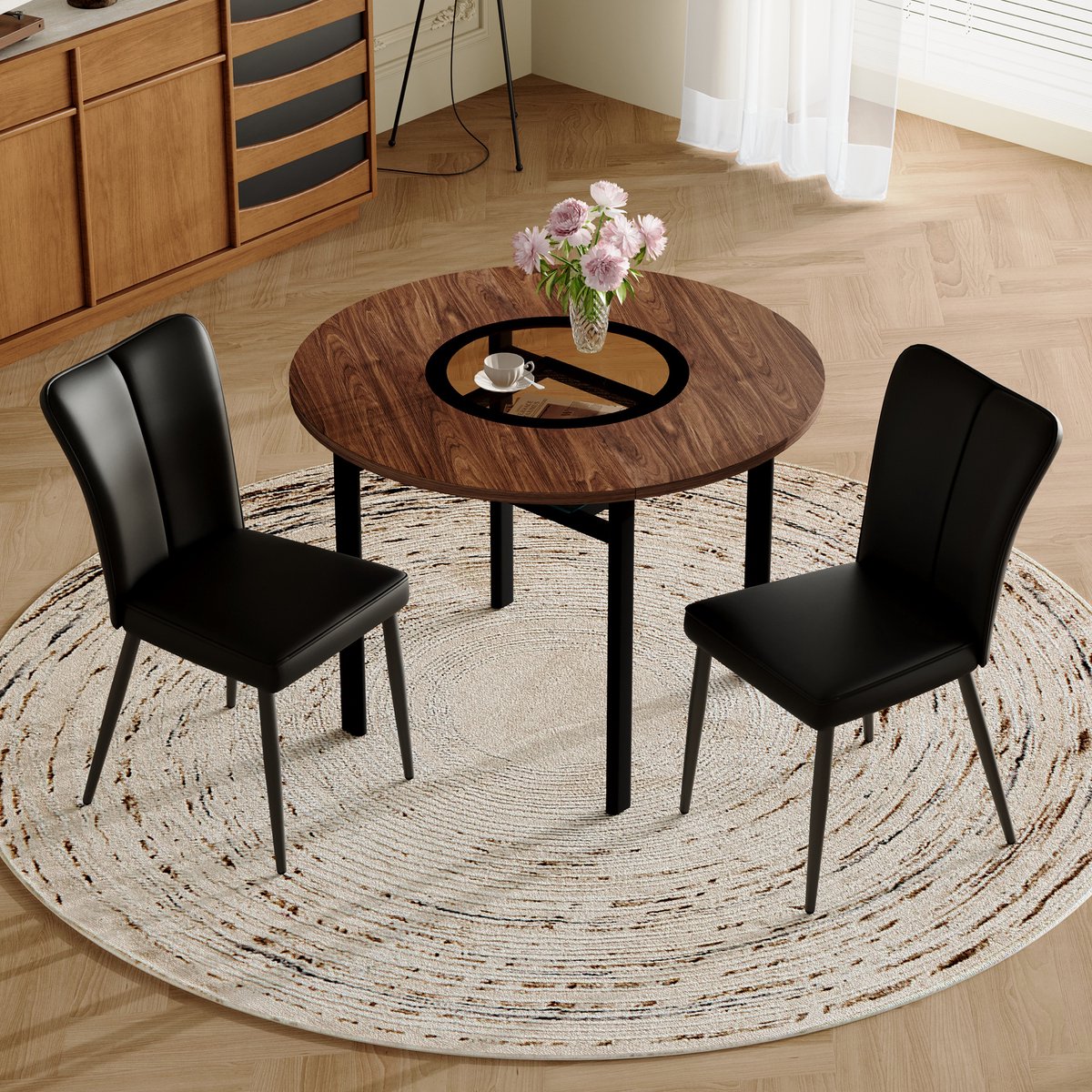 OKWISH Eethoek 100 Cm - Ronde Eettafel Met 2 Stoelen En Glasplateau - Voor Eetkamer Of Keuken - Metaal En Pu - Bruin Zwart
