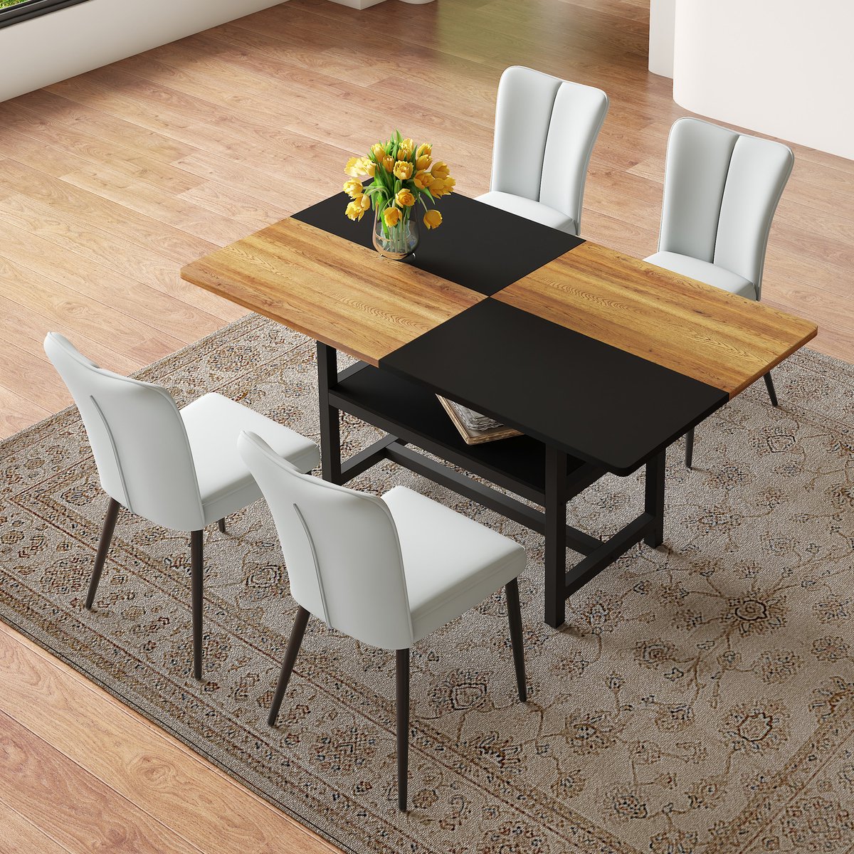OKWISH Eettafelset 160 Cm - Met Opbergplank En 4 Eetkamerstoelen - Voor Keuken En Eethoek - MDF, Metaal En PU - Grijs Zwart Zwarte houttinten + Lichtgrijs