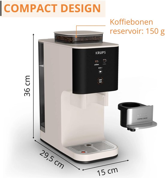 Witte Krups Coffee Crush koffiezetapparaat met compact design, afmetingen 36 x 29,5 x 15 cm.