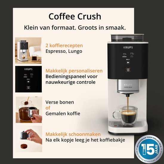 Krups Coffee Crush koffiemachine, met uitleg over de 2 recepten, personalisatie en verse bonen.