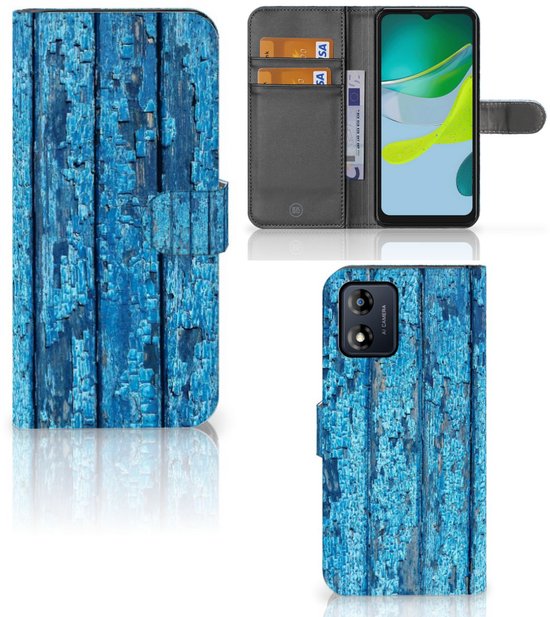 Coque de Protection pour Motorola Moto E13 4G Portefeuille Bois Bleu