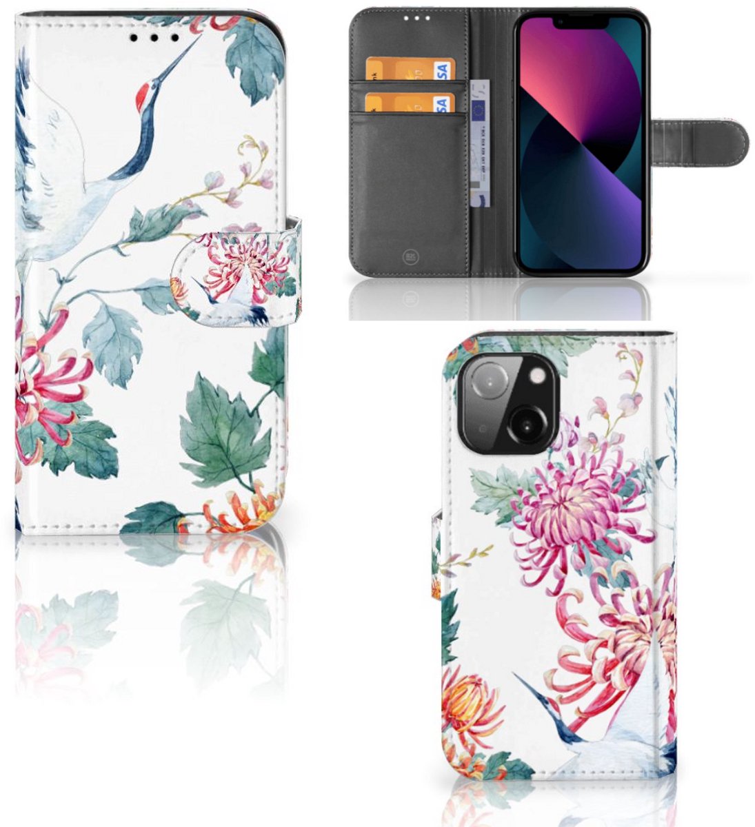 iPhone 13 Mini Telefoonhoesje met Pasjes Bird Flowers