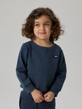 Jongetje met krullend haar, lichtgroene ogen en een donkerblauwe sweater met een geborduurd logo.