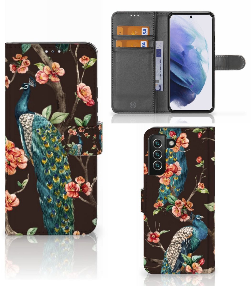 Samsung Galaxy S22 Plus Telefoonhoesje met Pasjes Pauw met Bloemen