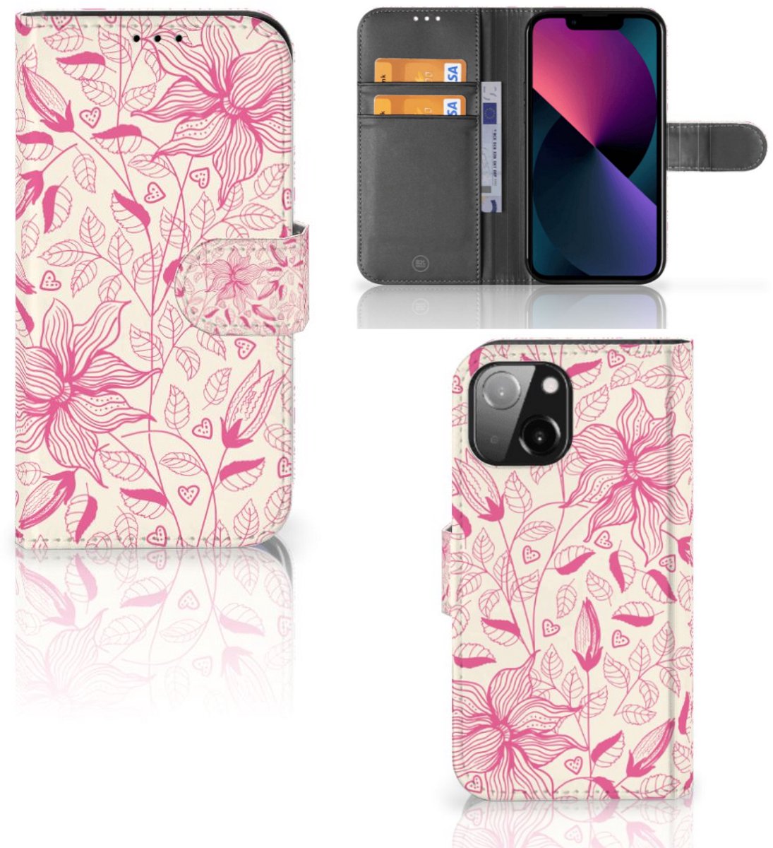 Boekhoesje voor iPhone 13 Mini Hoesje Pink Flowers