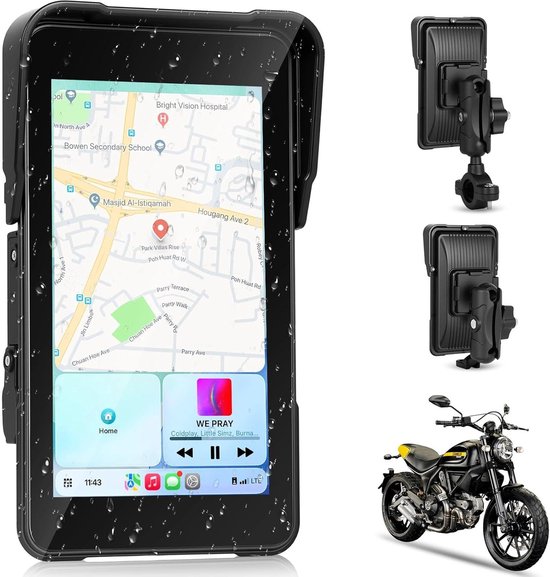 Motorfiets CarPlay Scherm 5" HD – Draadloze Apple CarPlay & Android Auto – IP68 Waterdicht – Bluetooth – TPMS Ondersteuning – TF-Kaart – Afneembare Anti-Diefstal Houder