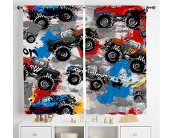 Monster Truck Gordijnen - Kindergordijnen Auto - Slaapkamer Decoratie - Verduisterend - 2 Panelen 53x114 cm - Rood Blauw