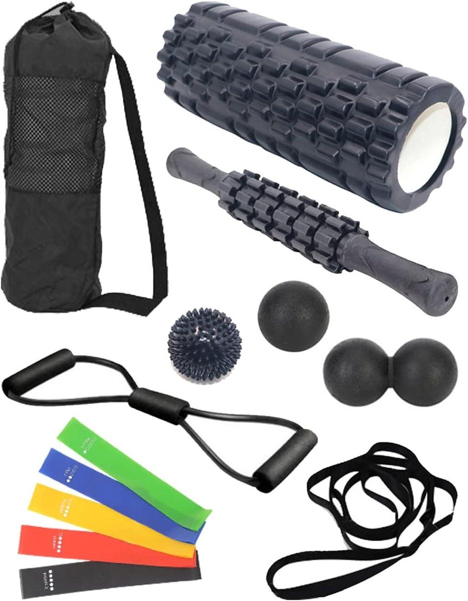 13-in-1 schuimroller-set, hoge dichtheid yoga-massageroller, weerstandsbanden, spierrolstok, plantaire fasciitisbal, spikebal, stretchband, pinda-massagebal, 8-vormige trekband