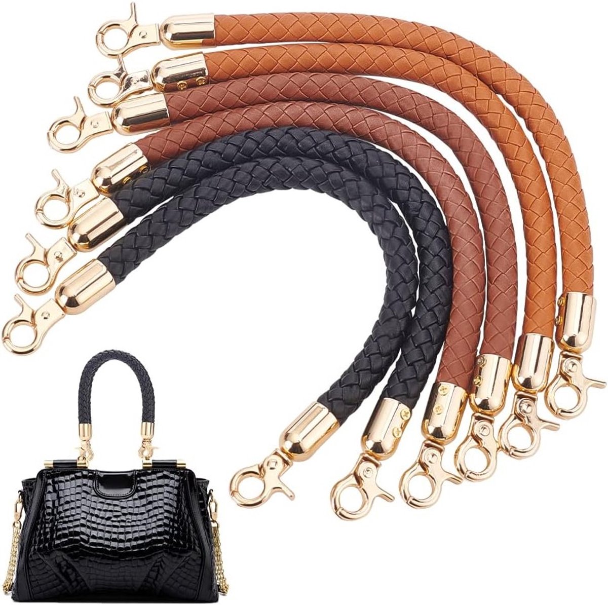 6 Stuks Gevlochten Tasriemen in 3 Kleuren, 31.5 cm PU Leren Handvatten voor Vervanging van Handtassen met Gouden Kreeftsluiting voor DIY Schoudertassen en Tote Bags