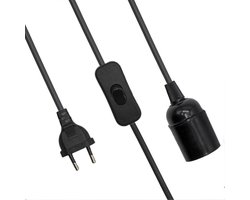 CABLEPELADO Lamphouder E27 met schakelaar, lampadapter E27, fitting voor E27-gloeilamp, stekker + aan/uit-schakelaar, kabel 1,50 m, E27-fitting, vintage stijl, gevlochten kabel, zwart