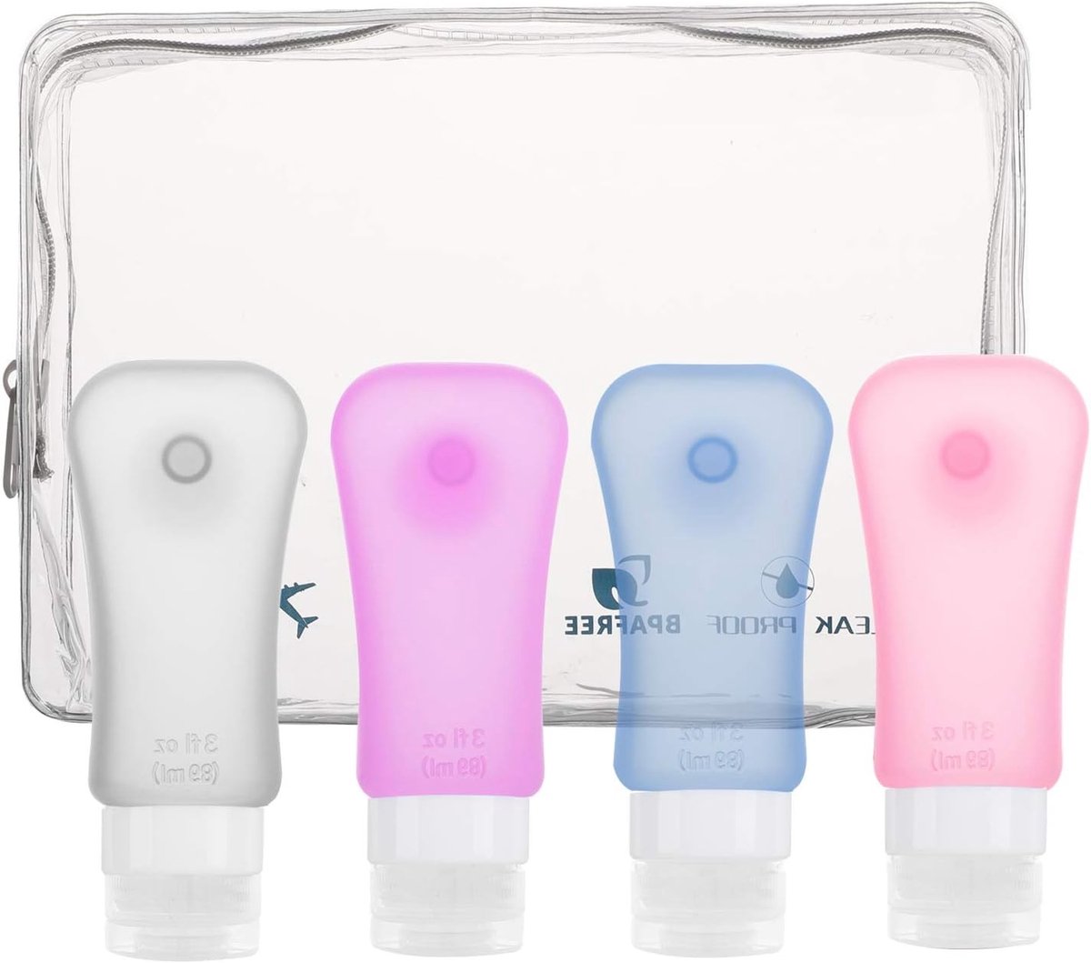 Set van 4 Leegloopvrije Refillable Reiskosmetische Flessen, BPA-vrij en FDA-goedgekeurd, Silicone Reistube met Zuignap voor Shampoo, Lotion en Conditioner, 90 ml