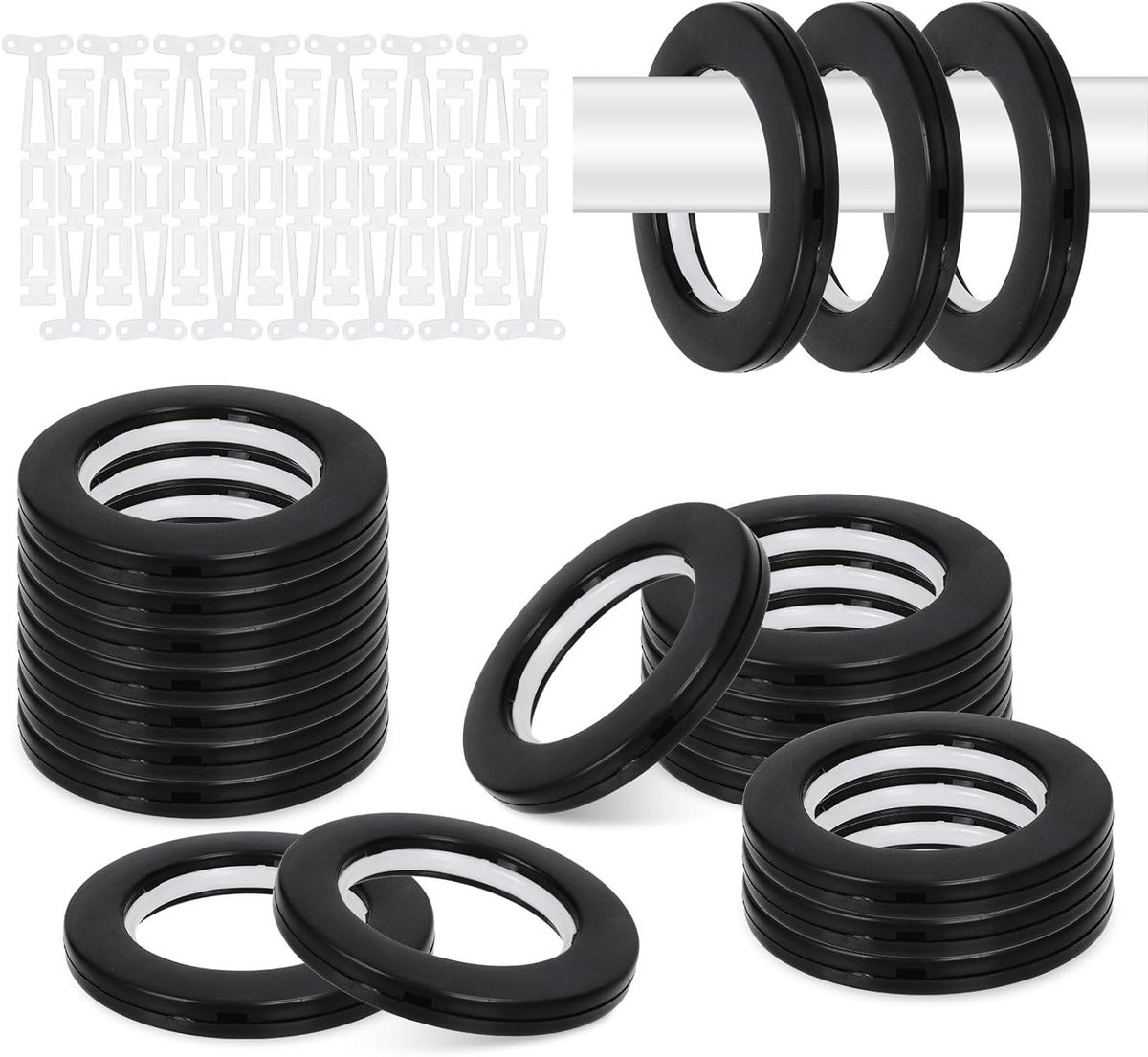 20 Sets 1-5/8" (42mm) ID Gordijnringen van Plastic met Eenvoudige Push Snap voor Geluidloze Gordijnen, Handwerk en Canvasprojecten (Zwart)