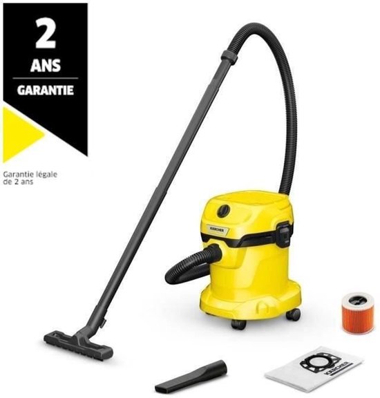 Gele Kärcher WD 2 Plus stofzuiger met slang, zuigmond, extra mondstuk, filter en stofzak. "2 ANS GARANTIE".