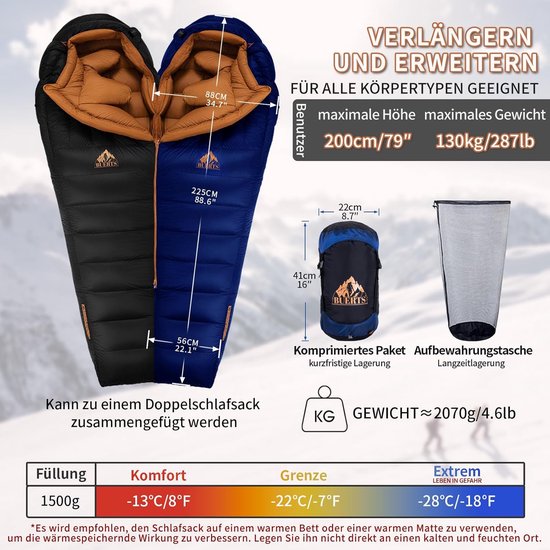 Winter Dons Slaapzak - Mummie Slaapzak - Kamperen en Wandelen - XXL Groot Formaat - 225*88*56 cm - Blauw van Merkloos — afbeelding 4