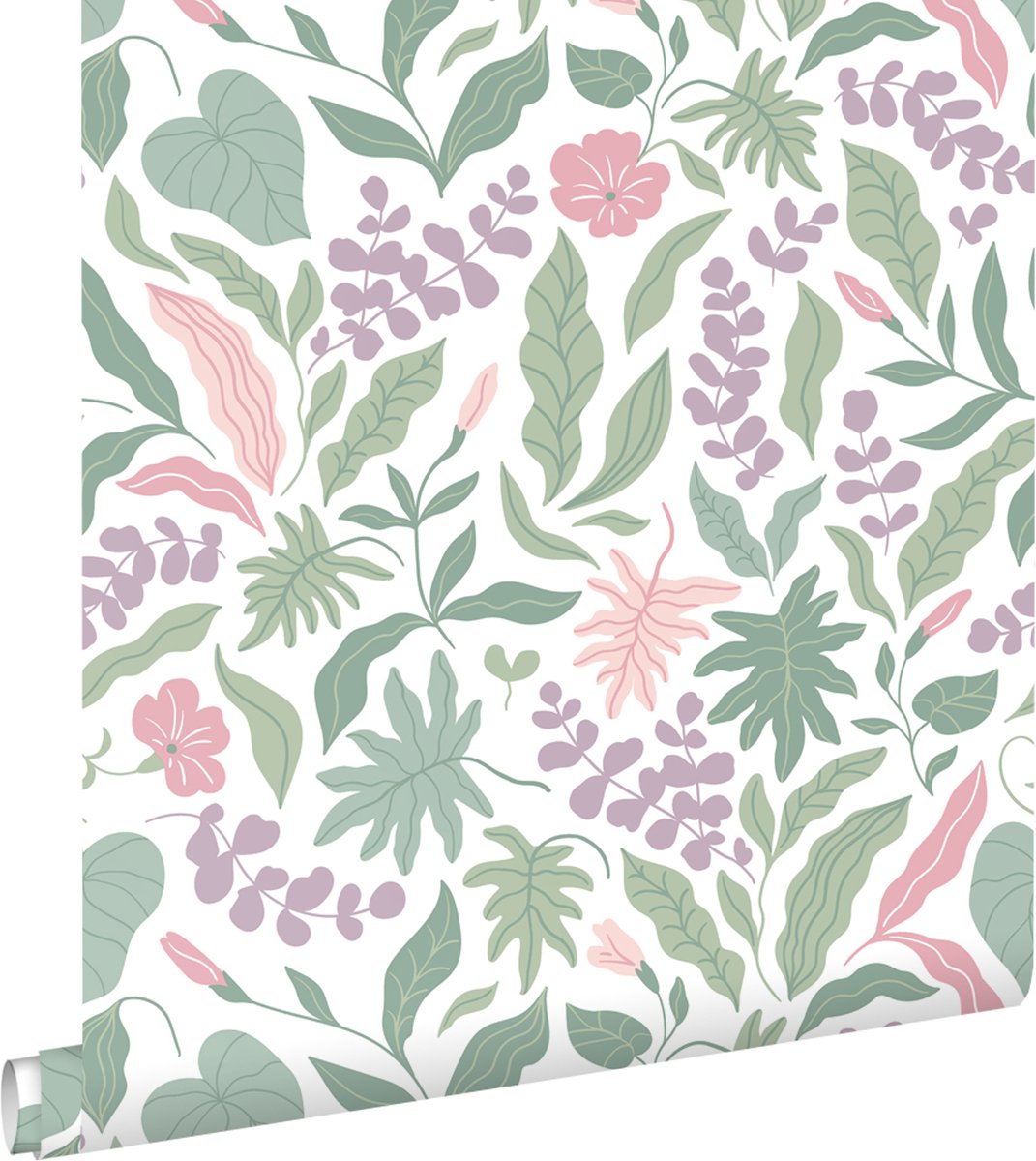 ESTAhome behang bladeren en bloemen paars, roze en groen - 50 x 900 cm - 131049
