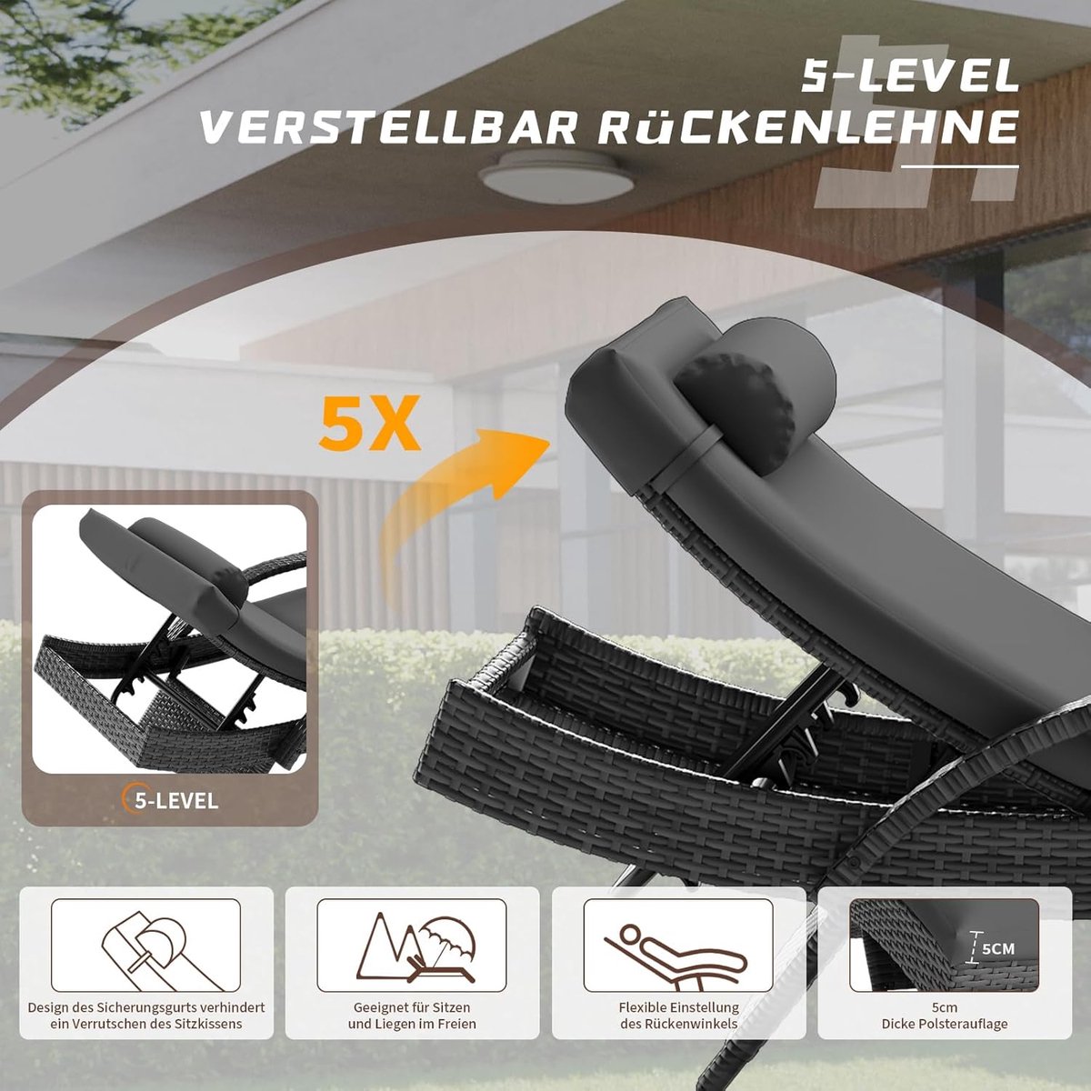 Zonneligstoel 190x71x90 cm – 5-voudig verstelbare rugleuning, weerbestendige rotan ligstoel met kussen en hoofdkussen, luxe tuinstoel voor balkon en terras – donkergrijs – Nicolehome