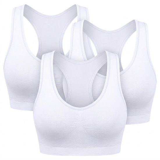 Set van drie witte naadloze sportbeha's met racerback, op witte achtergrond.