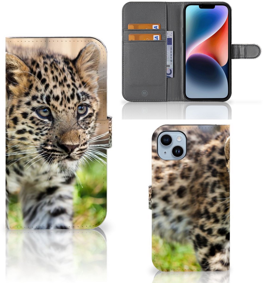 iPhone 15 Plus Telefoonhoesje met Pasjes Baby Luipaard