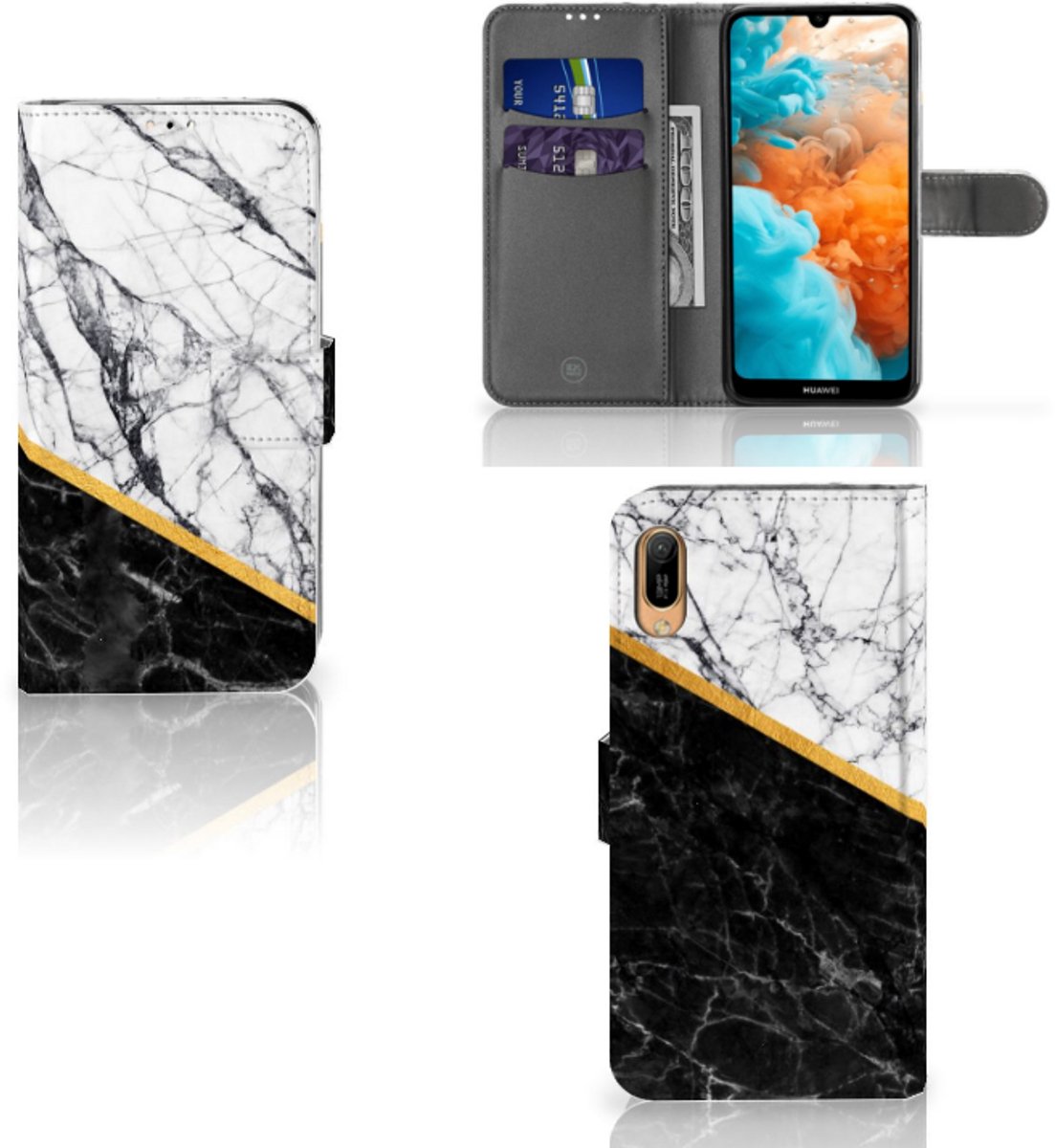 Huawei Y6 (2019) Bookcase Marmer Wit Zwart - Origineel Cadeau Man