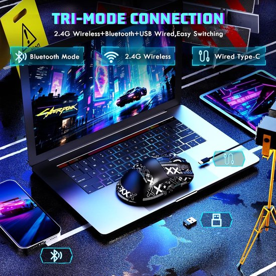 MAMBASNAKE X ATTACKSHARK V3 Wireless Gaming Mouse with Tape, 65g Lightweight Right Hand Split Design, 800-25000DPI Adjustable, 1000Hz, PAW3311 Sensor, BK52820 MCU, 2.4G/BT/Wired, 500mAh — afbeelding 3