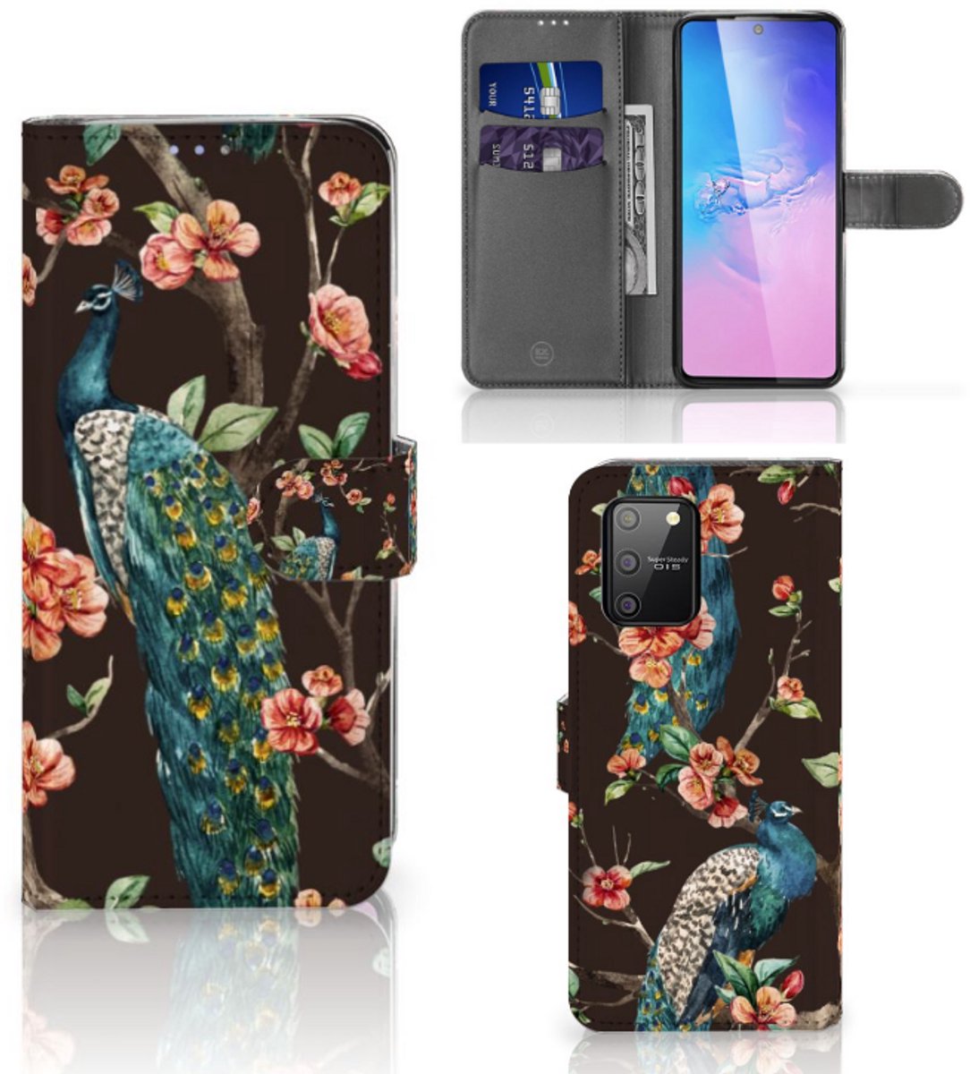 Samsung S10 Lite Telefoonhoesje met Pasjes Pauw met Bloemen