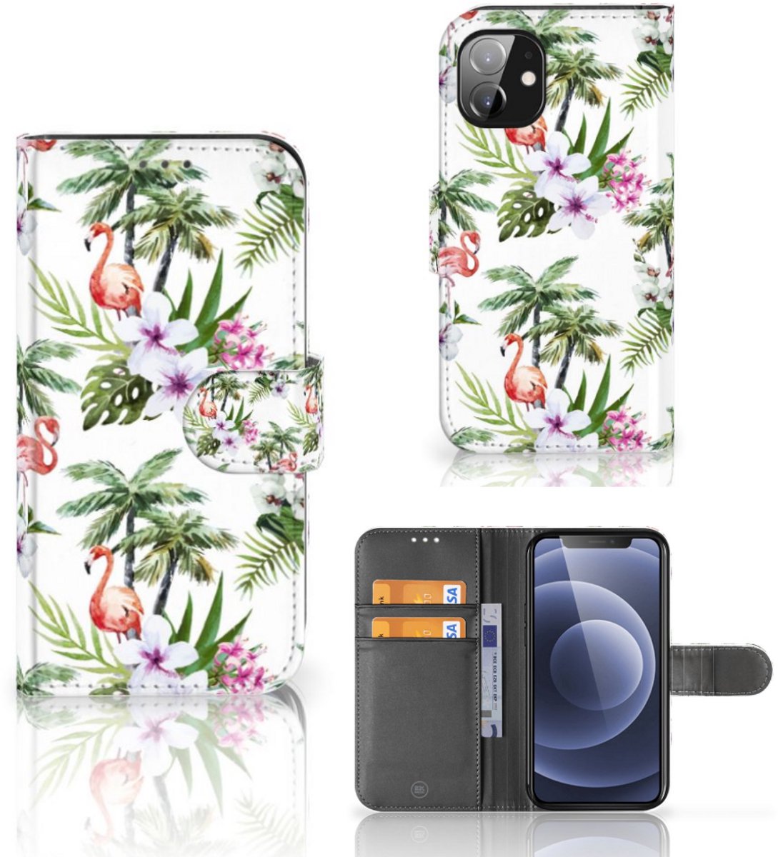 Apple iPhone 12 Mini Telefoonhoesje met Pasjes Flamingo Palms