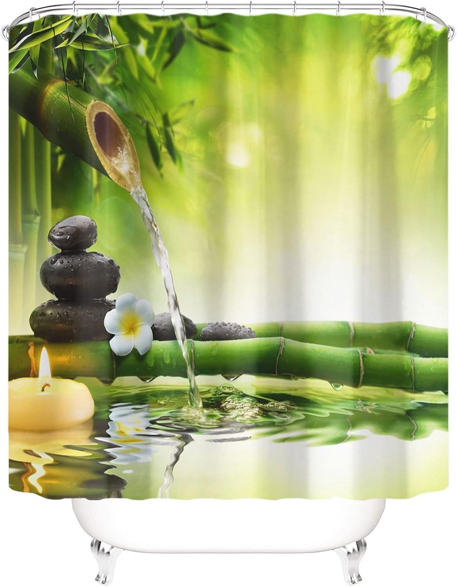 Douchegordijn 180x200 – Zen-douchegordijnen – Schimmelwerend, waterdicht 3D-design met orchidee en bamboe – Polyester stof voor badkuipen – Wasbaar gordijn inclusief ringen – Groen