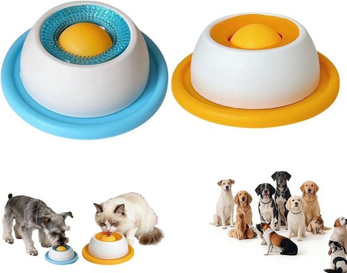2 stuks likmat voor honden - Likmat voor honden - ABS Slow Feeder hondenvoerbakken - Likbal voor honden - Likspeelgoed voor honden - Likmat voor natvoer met zuignap, puzzelspeelgoed voor verveelde honden (Geel+Blauw)