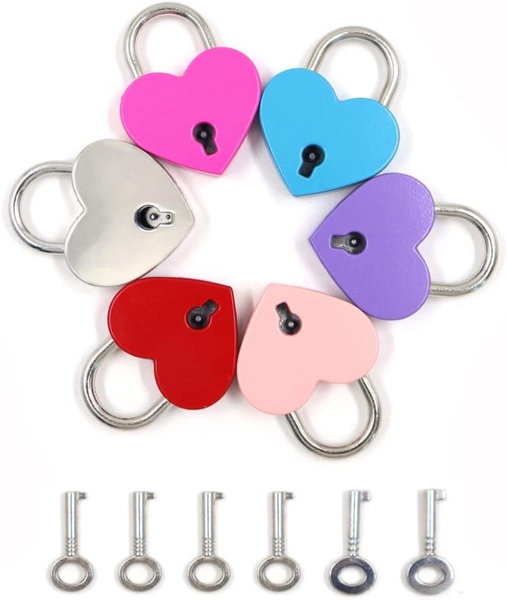 Mini Hart Sleutelslot Set van 6, Kleurige Mini Love Locks voor Bagage, Dagboek en Sieraden Box