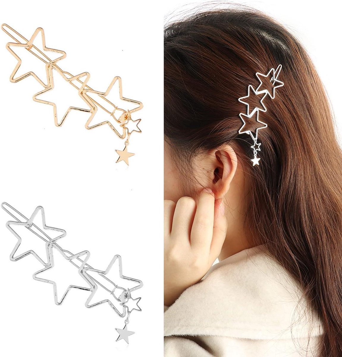Haarclip met Ster - Haarspeld Tassel - Bruiloft kapsel - Handgemaakt design - 10.7 cm - Zilver