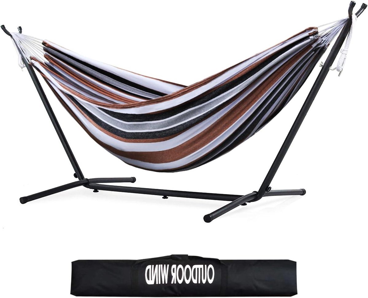 550Lb Capaciteit Dubbele Hangmat Verstelbare Hangmat Bed met 10ft Heavy Duty Stalen Stand Inclusief Draagbare Draagtas, Gemakkelijk Instellen