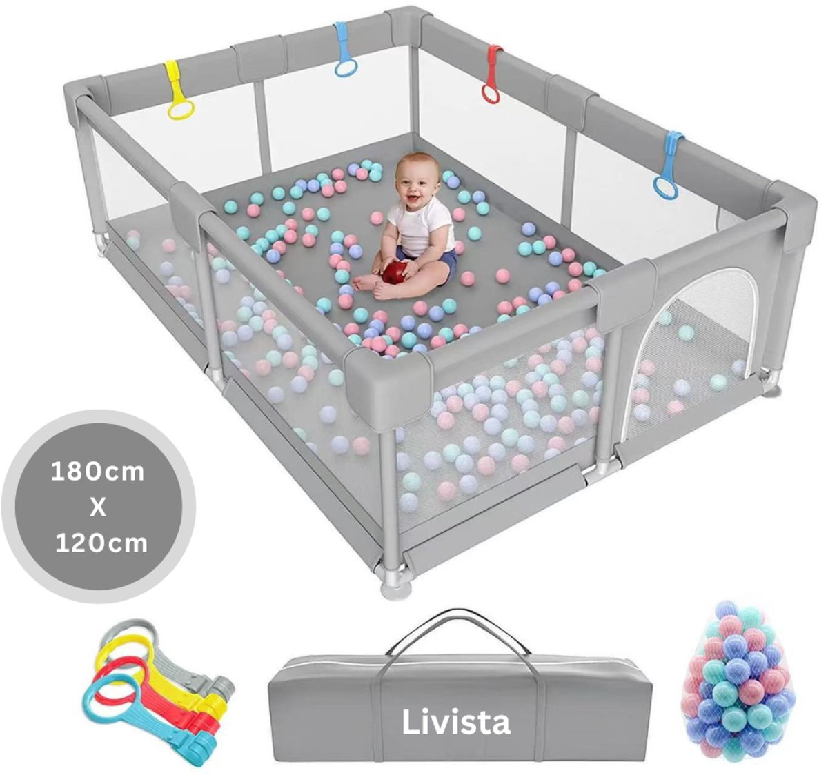 Livista Grondbox - Speelbox - Baby boxen - Kruipbox voor Baby - Playpen - Kinderbox - Met 4 trekring + 60 speelballen - 120 x 180 x 65cm - Grijs