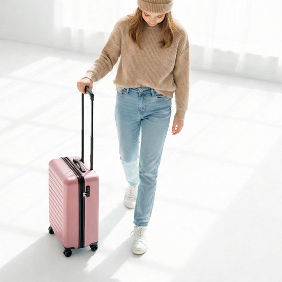 Vrouw met roze koffer op wielen, lopend in een witte ruimte. Ze draagt een beige trui en muts.