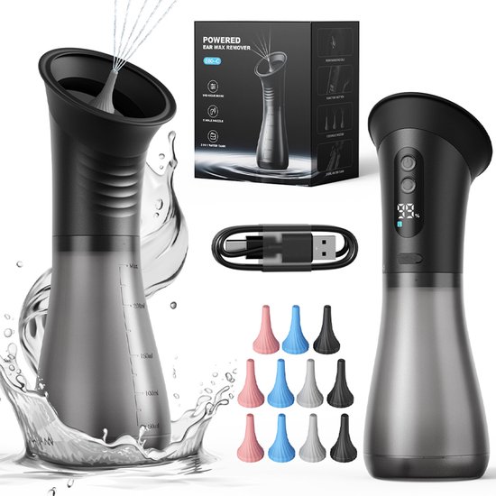 Nettoyeur d'oreilles noir avec jet d'eau jaillissant, entouré d'éclaboussures. Comprend un câble de chargement et des embouts colorés.