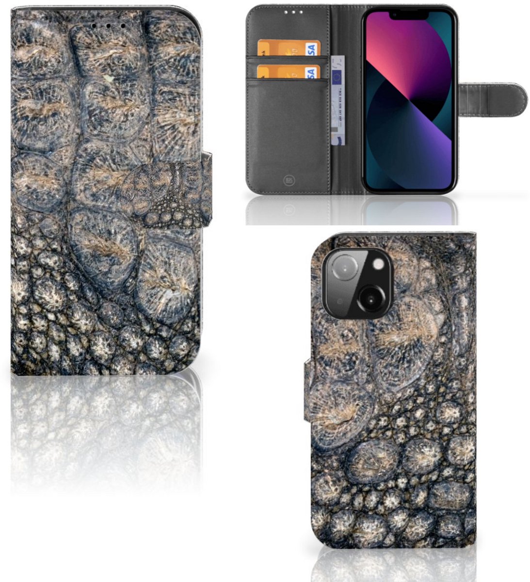 iPhone 13 Mini Telefoonhoesje met Pasjes Krokodillenprint
