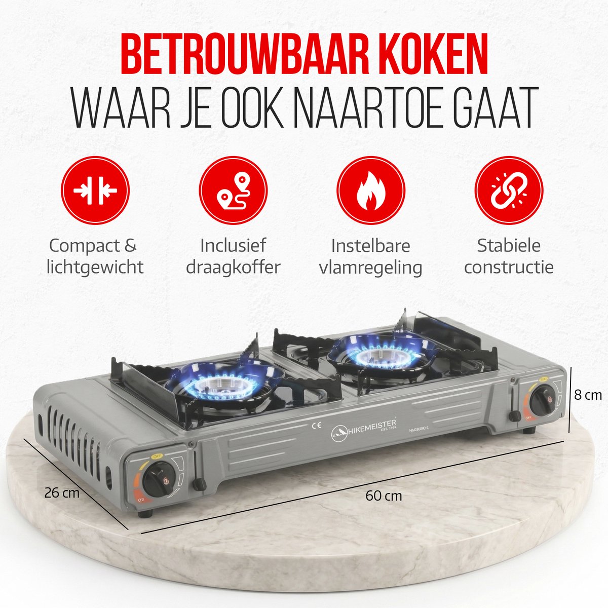 Hikemeister® Dubbel Camping Kooktoestel 2 Pits – 2x 2.2 kW – Inclusief 12 Gasbussen & Grillplaat – Draagbaar Gasstel – Butaangas Kookplaat – Campingkooktoestel - Met Koffer – Grijs — cadeau in Sport & Outdoor - foto 3