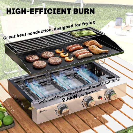 Gas Grill Plancha - Draagbare BBQ - Buiten Koken - Drie Onafhankelijke Zones - 62 x 44 x 21 cm — afbeelding 4