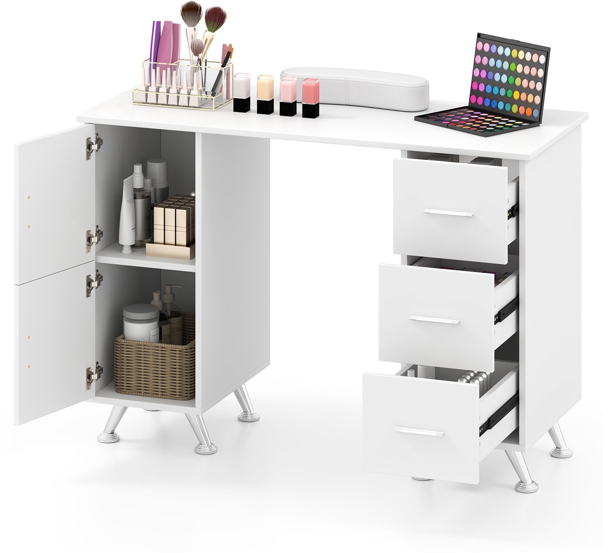 COSTWAY Manicuretafel met schuifladen, kasten & handpalmsteun, nageltafel met acetonbestendige tafelplaat, manicure tafel (wit)