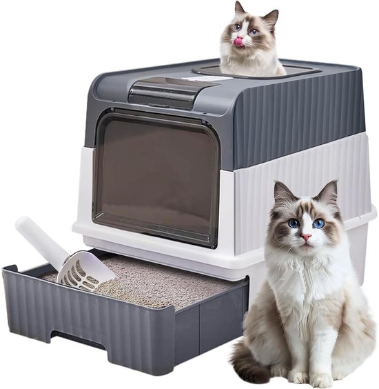 Extra Grote Gesloten Kattenbak met Lade – Spatvrij Design – Eenvoudig Schoon te Maken Katten Toilet – Grijs Basis Model