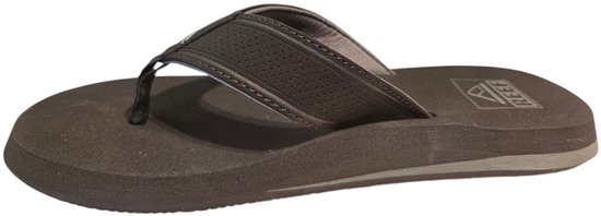 Donkergrijze Reef teenslipper met gestructureerde band en Reef-logo op de zool.